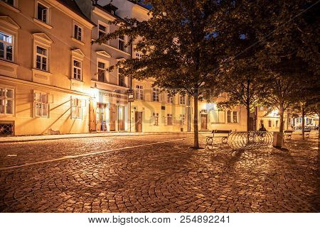 Prague, Czech Republic - August 17, 2018: Evening On Kampa Island With Cobbled Street Illuminated By