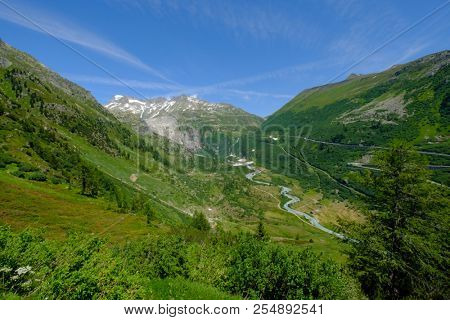 Summer landscape of Switzerland mountain nature, view to Furkapass