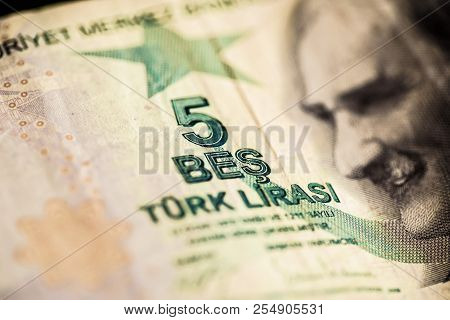 Close Up Turkish Lira Bills On Wooden Table, Turkish Lira (turkish Turk Parasi), High Exchange Rate 