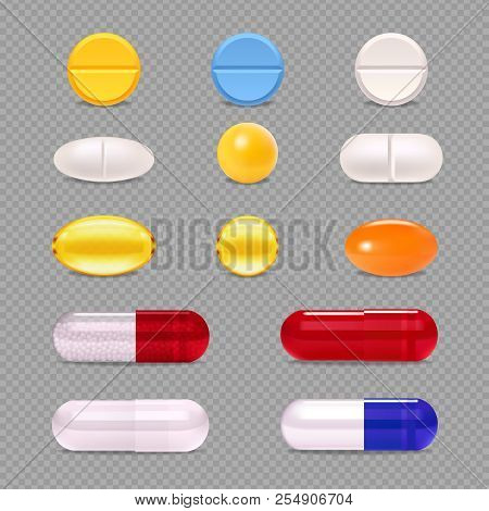 Realistic Set Of Colorful Medicine Pills Dragee And Capsules Isolated On Transparent  Background Vec