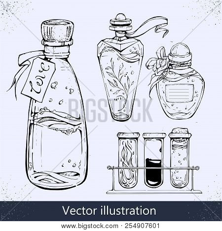 Bottle Of Love Elixir. Grunge Romantic Vector Illustration.