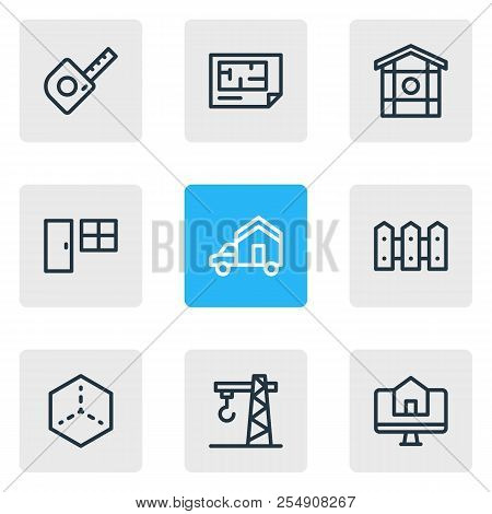 Vector Illustration Of 9 Architecture Icons Line Style. Editable Set Of Crane, Framing, Fence And Ot