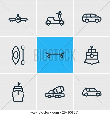 Illustration Of 9 Transit Icons Line Style. Editable Set Of Ship, Compact Car, Train And Other Icon 