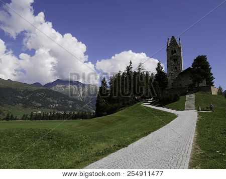 View Of The Beautiful And Ancient Church Of Celerina