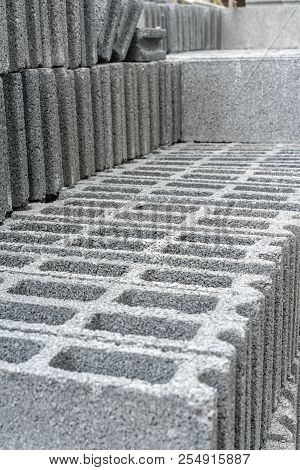 Concrete Blocks For Construction, Background And Texture With Selective Focus