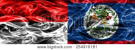 Indonesia Vs Belize Smoke Flags Placed Side By Side. Thick Colored Silky Smoke Flags Of Indonesian A