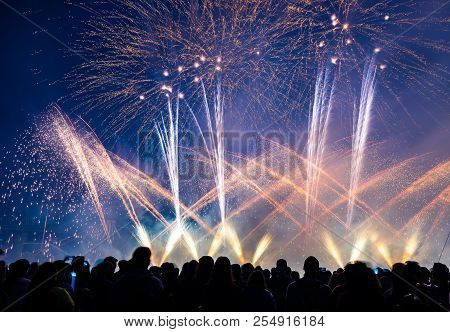 Group Of People Watching Fireworks In Night Sky