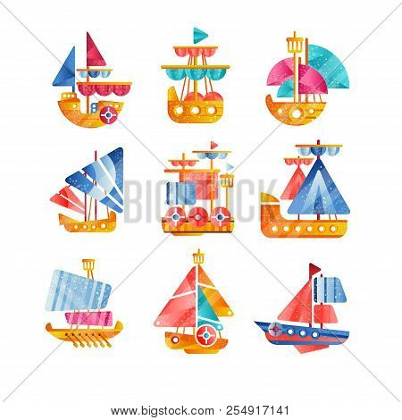 Different Vessels Set, Smal Colorful Ships Flat Vector Illustrations On A White Background