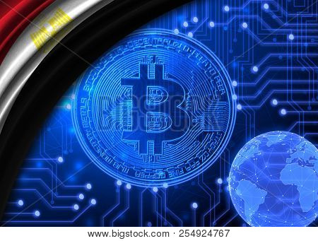 Flag Of Egypt Against The Background Of Crypto Currency Bitcoin.