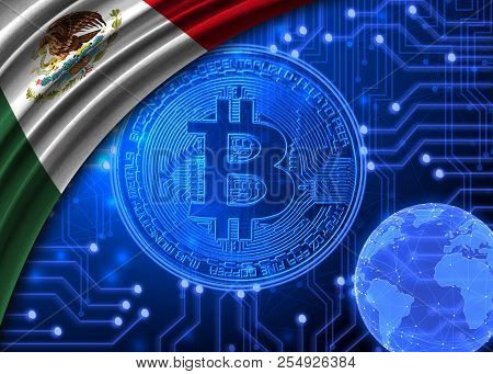 Flag Of Mexico Against The Background Of Bitcoin.