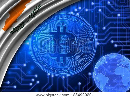 Flag Of Cyprus Against The Background Of Crypto Currency Bitcoin.