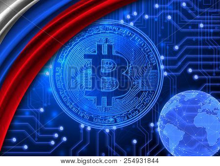 Flag Of Russia Against The Background Of Crypto Currency Bitcoin.