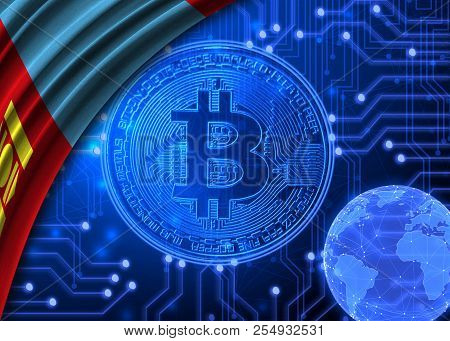 Flag Of Mongolia Against The Background Of Bitcoin.