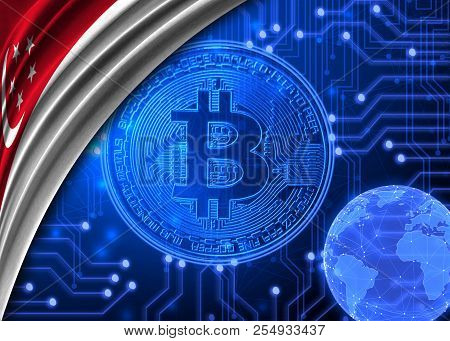 Flag Of Singapore Against The Background Of Bitcoin.