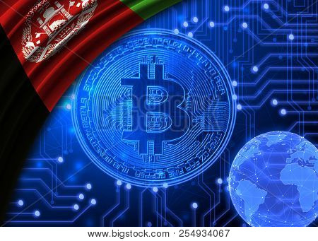 Flag Of Afghanistan Against The Background Of Bitcoin.
