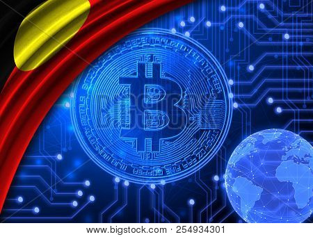 Flag Of Australian Aboriginal Against The Background Of Bitcoin.