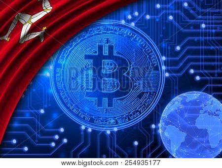 Flag Of Isle Of Man Against The Background Of Bitcoin.