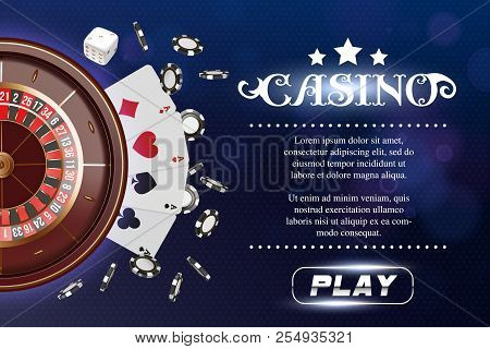 Casino Background Roulette Wheel With Playing Cards, Dice And Chips. Online Casino Poker Table Conce