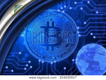 Flag Of Nicaragua Against The Background Of Bitcoin.