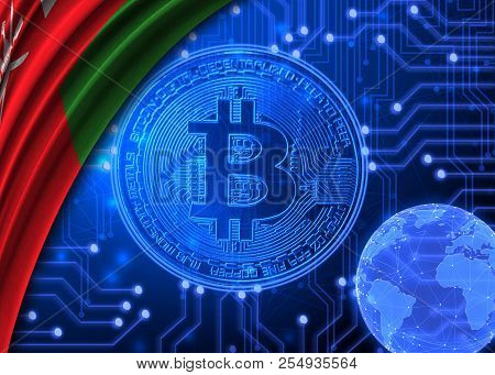 Flag Of Oman Against The Background Of Bitcoin.