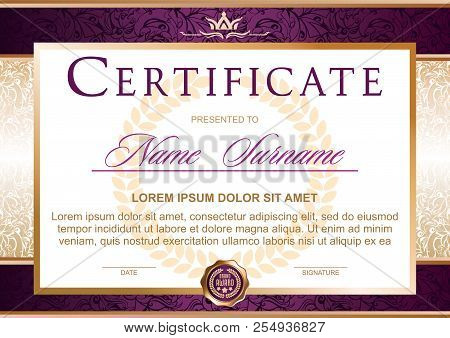 Certificate In The Official, Solemn, Elegant, Royal Style In Violet, Purple And Gold Tones, With The