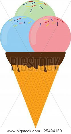 Colorful Ice Cream Cone With Topping And Dripping Chocolate