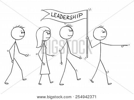 Cartoon Stick Drawing Conceptual Illustration Of Leader With Leadership Flag Leading A Team Of Busin