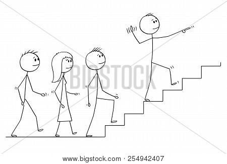 Cartoon Stick Drawing Conceptual Illustration Of Leader Leading A Team Of Business People Upstairs. 