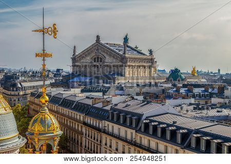 Paris, France - October 11, 2015: Aerial View With Rooftop From Terrace Of Printemps Store With Oper