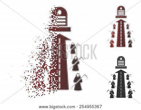 Fatal Road Icon In Dispersed, Pixelated Halftone And Undamaged Entire Variants. Pieces Are Organized