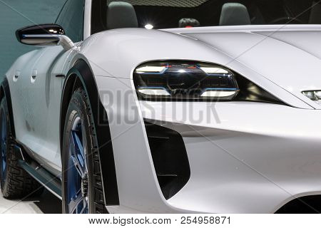 Geneva, Switzerland - March 6, 2018: Close Up View Porsche Mission E Cross Turismo Suv Car Showcased