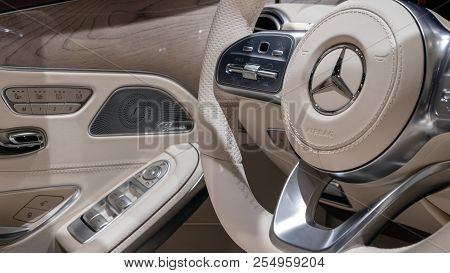 Geneva, Switzerland - March 6, 2018: Interior View Of The Mercedes Benz S 560 Cabriolet Car Showcase