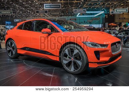 Geneva, Switzerland - March 6, 2018: Jaguar I-pace Electric Suv Car Showcased At The 88th Geneva Int