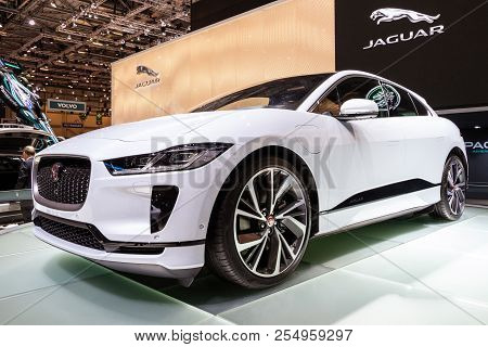 Geneva, Switzerland - March 6, 2018: Jaguar I-pace Electric Suv Car Showcased At The 88th Geneva Int