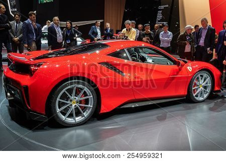 Geneva, Switzerland - March 6, 2018: Ferrari 488 Pista Sports Car Showcased At The 88th Geneva Inter