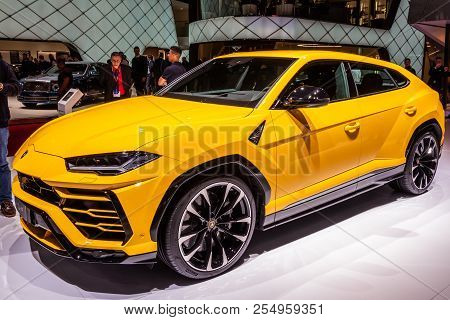 Geneva, Switzerland - March 6, 2018: Lamborghini Urus Car Showcased At The 88th Geneva International