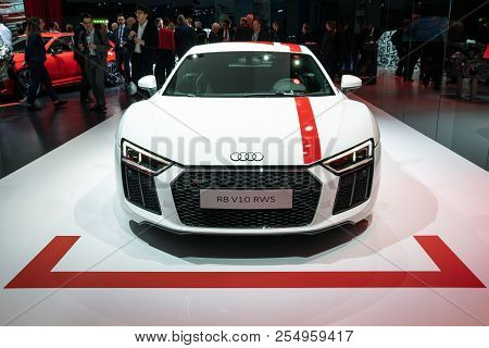 Geneva, Switzerland - March 7, 2018: Audi R8 V10 Rws Sports Car Showcased At The 88th Geneva Interna