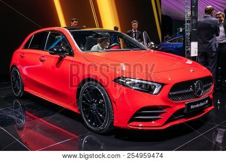 Geneva, Switzerland - March 7, 2018: New Mercedes Benz A200 Car Showcased At The 88th Geneva Interna