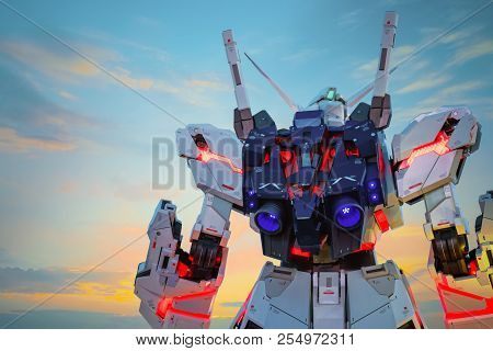Tokyo, Japan - April 20 2018: Full-size Mobile Suit  Rx-0 Unicorn Gundam Replica From The Mobile Sui