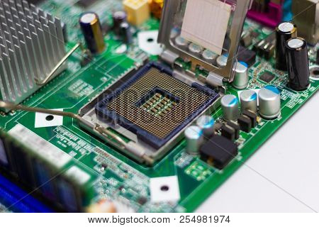 Close Up Cpu Sockets On Motherboard, Concept Computer And Technology.