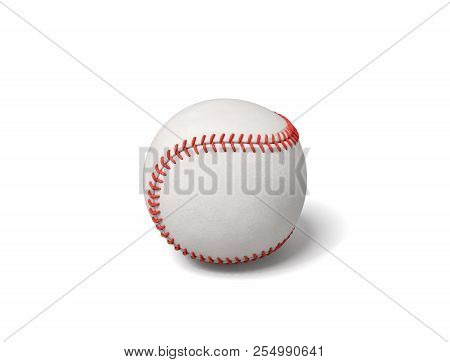 3d Rendering Of A Single White Baseball With Red Stitching Throwing A Shadow On A White Background.
