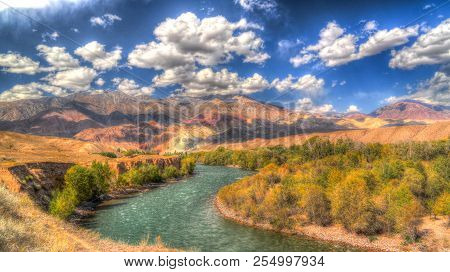 Landscape Of Colored Mountain Near Kokemeren River, Djumgal, Kyrgyzstan