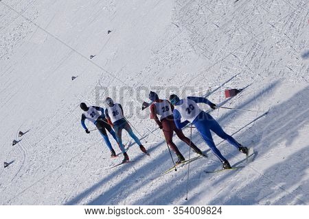 Extreme Skiing Area Vallee Blanchet At Aiguille De Midi 3842m In The Mont Blanc Massif. They Walk Do