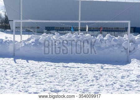 Football Pitch Soccer Field In Winter Snow