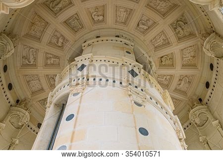 Chambord, France - November 14, 2018: The Central Column Of The  Double Helix Staircase Of The Chamb