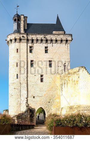 Chinon, France - November 13, 2019:  The Clock Tower Of The Royal Fortress