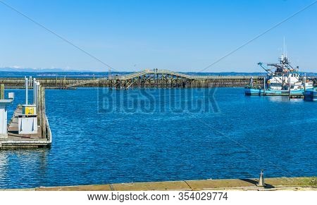 A View Of The Walking Brdige At The Westport Marina In Washington State.