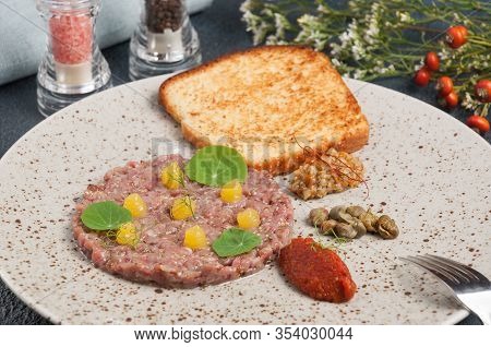 Beef Tartare With Mushroom Caviar And Red Pepper Mousse