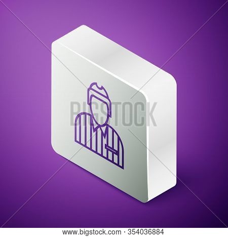 Isometric Line Hockey Judge, Referee, Arbiter Icon Isolated On Purple Background. Silver Square Butt