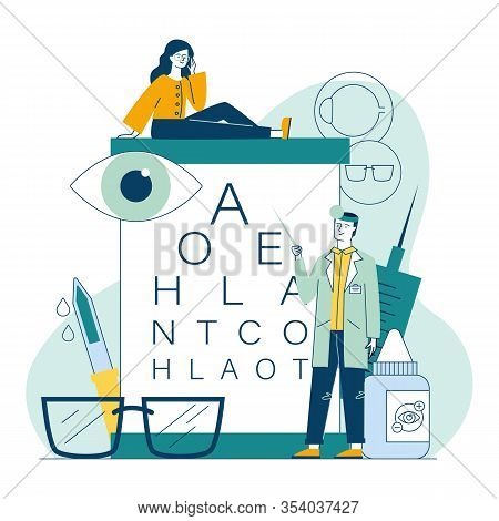 Male Ophthalmologist Checking Woman Eyesight. Female Patient In Glasses Sitting On Eye Chart Flat Ve